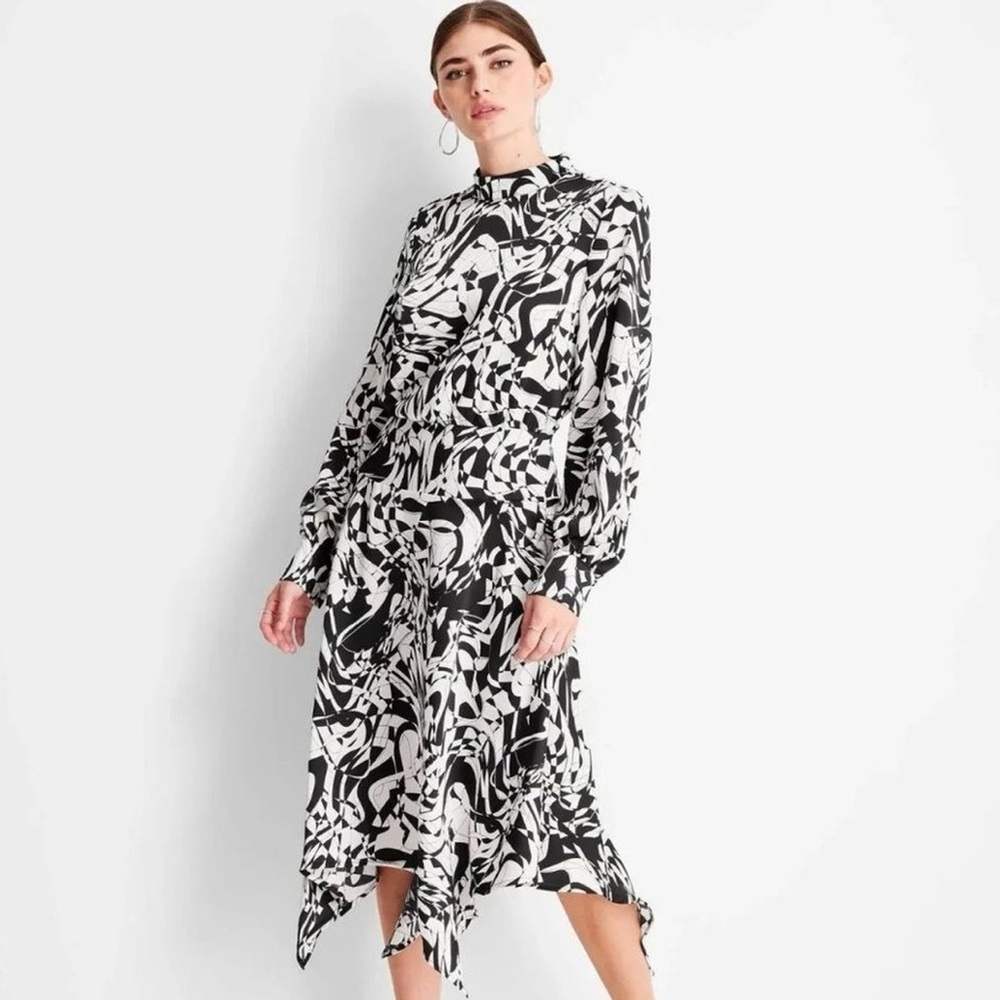 Future Collective Long Sleeve Mock Neck Asymmetrical Black White Dress Med